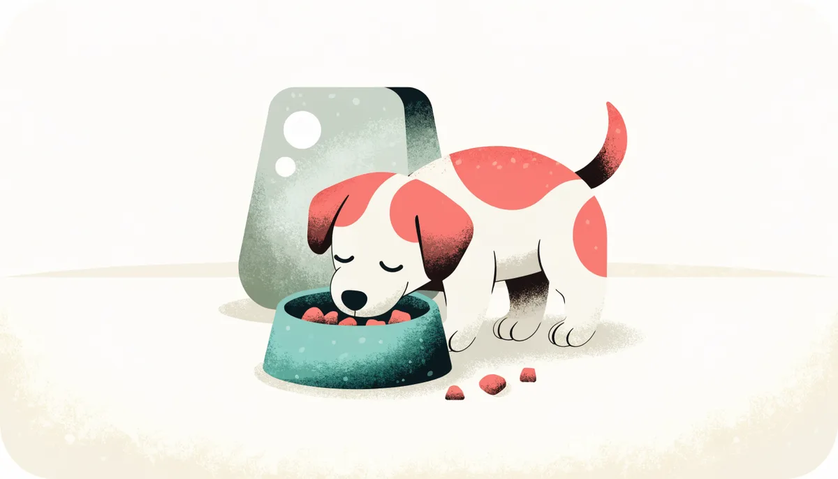 Filhote de cachorro comendo ração em uma tigela no chão da cozinha