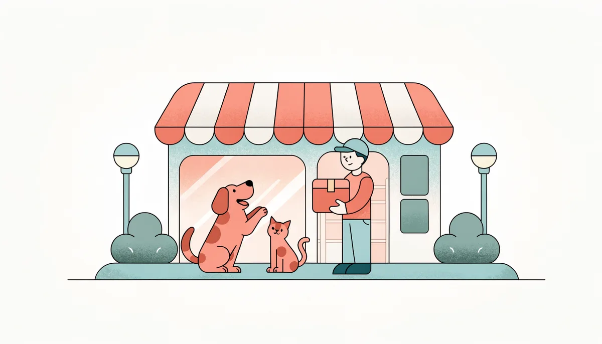 Fachada acolhedora de pet shop em Marília com entregador segurando pacote e um cão e um gato felizes na entrada