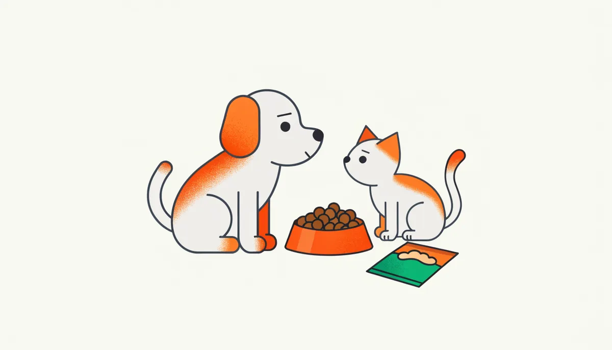 Comedouro com ração seca ao lado de um sachê de ração úmida aberto, com um cão e um gato observando as duas opções