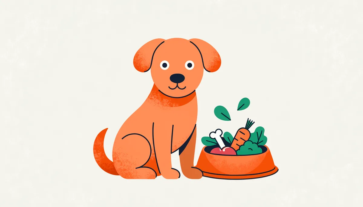 Cão ao lado de uma tigela de ração grain free com pedaços de carne fresca e vegetais, transmitindo alimentação natural e saudável