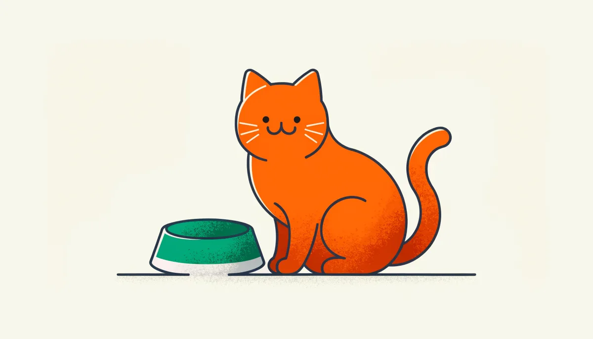 Gato adulto saudável e no peso ideal sentado ao lado do comedouro em casa, tranquilo e bem cuidado