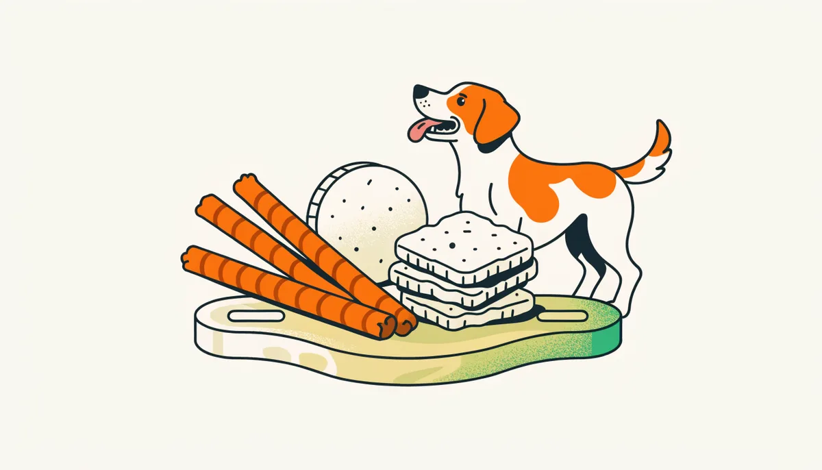 Variedade de petiscos naturais para cães, sticks desidratados e biscoitos sobre uma tábua de madeira com um cachorro olhando animado