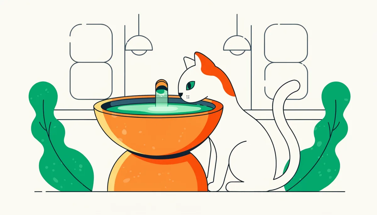 Gato bebendo água corrente de uma fonte bebedoura moderna em uma cozinha iluminada