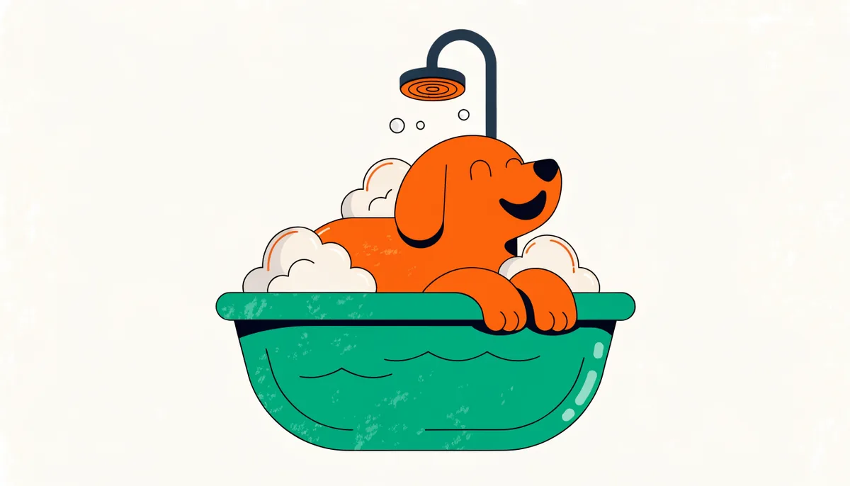 Cachorro tomando banho em uma banheira com espuma de shampoo suave em casa