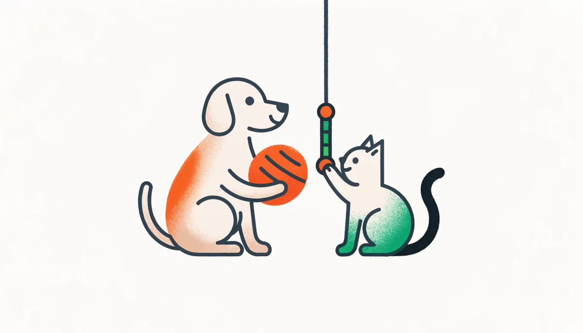 Cachorro brincando com um mordedor de borracha e gato batendo em um brinquedo interativo