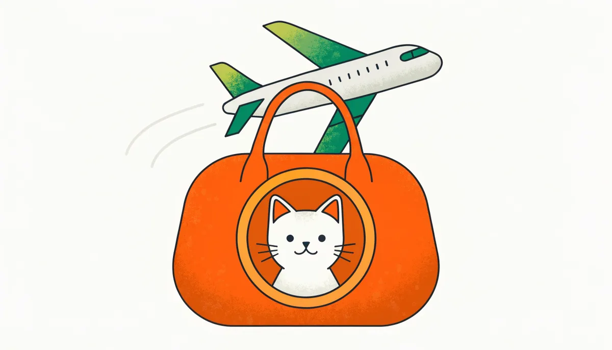 Bolsa de transporte pet com um gato espiando para fora e um avião ao fundo, cena de viagem aérea