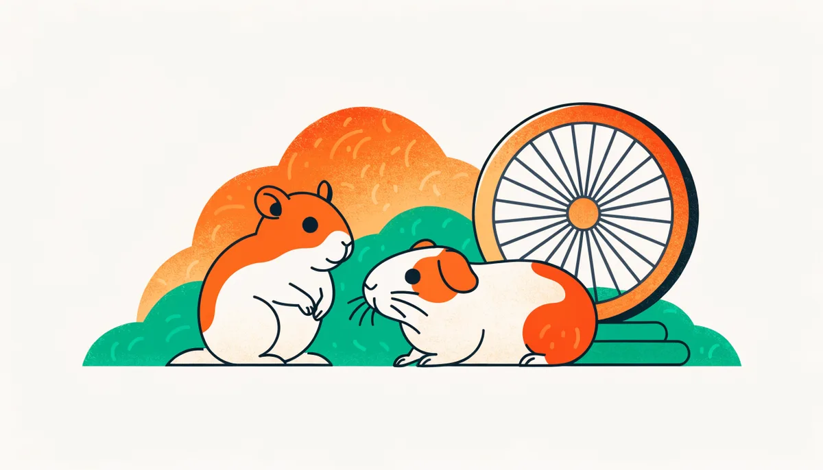 Hamster e porquinho-da-índia em um habitat aconchegante com feno e rodinha