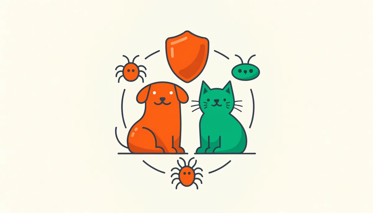 Cão e gato protegidos com ícones ilustrados de carrapato, pulga e ácaro e um escudo de proteção