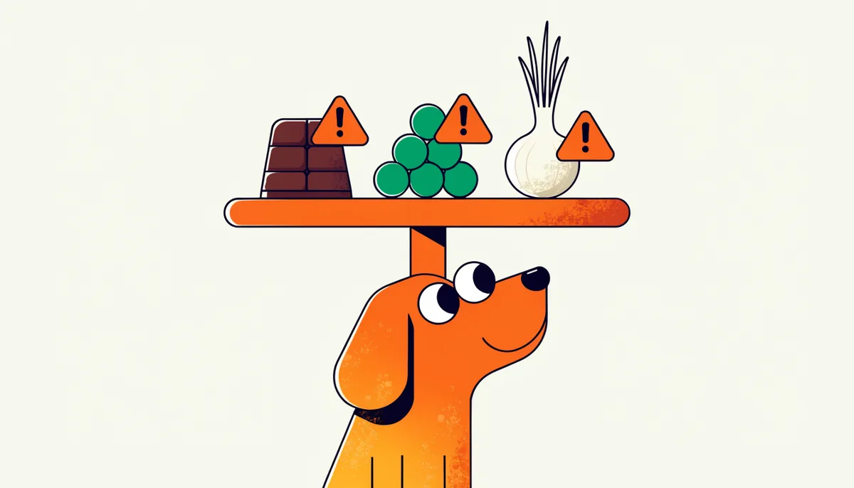Cão curioso olhando para uma mesa com barra de chocolate, uvas e cebola levemente riscados em aviso amigável
