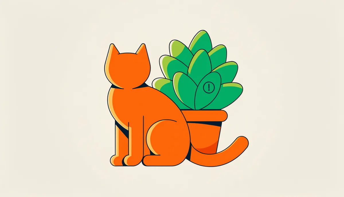 Gato sentado perto de uma planta de casa marcada com um pequeno símbolo de alerta, tema de lar seguro