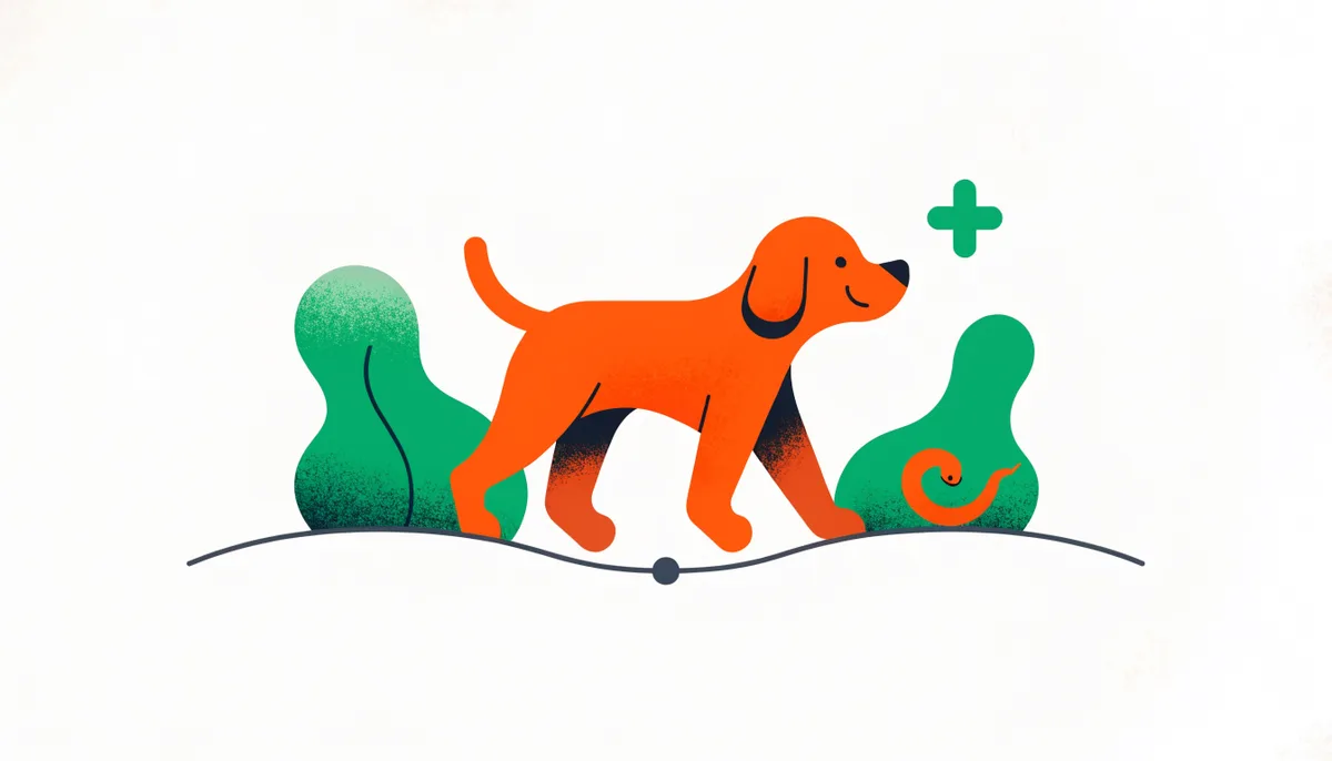 Cachorro atento em uma trilha com a silhueta de uma cobra a uma distância segura e um símbolo de atendimento veterinário de urgência
