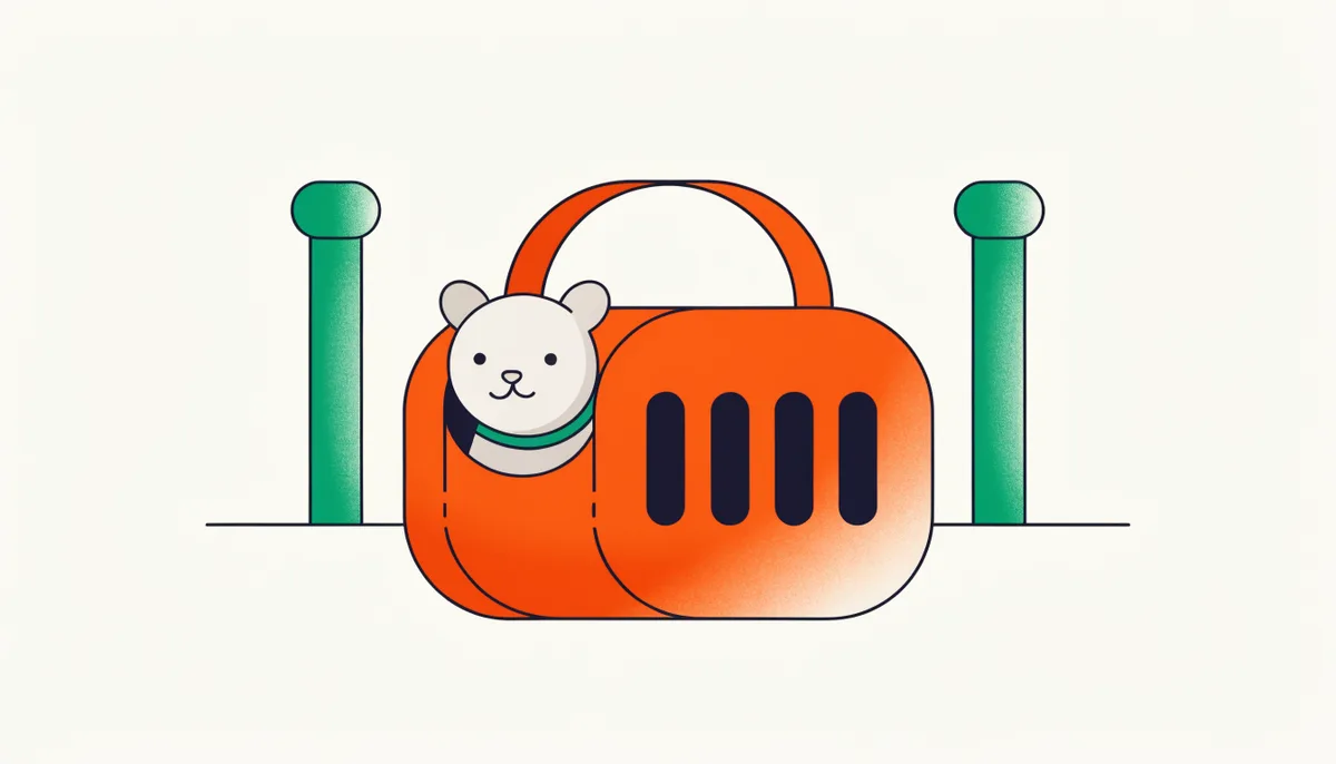 Pet olhando para fora de uma bolsa de transporte ventilada em uma rodoviária, cena de viagem tranquila