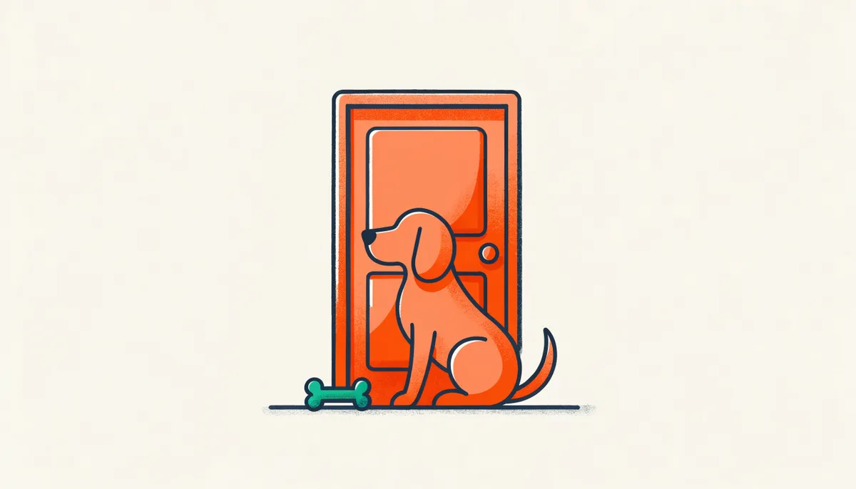 Cão esperando junto à porta com um brinquedo mordedor por perto, em clima calmo e reconfortante