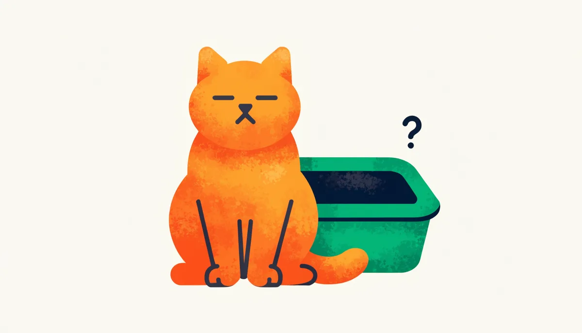 Gato sentado ao lado de uma caixa de areia limpa, com tema de comportamento e saúde felina