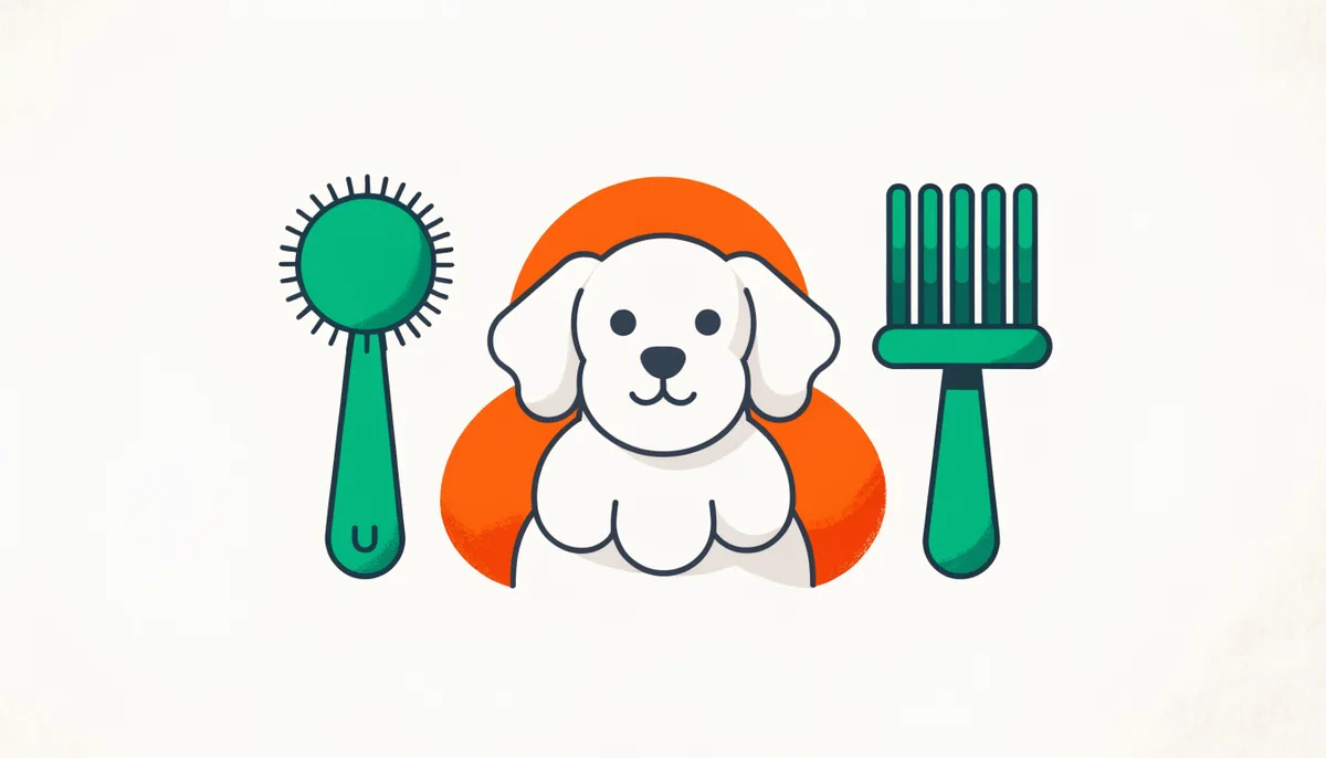 Cachorro bem cuidado em uma mesa de banho e tosa ao lado de escova e rasqueadeira