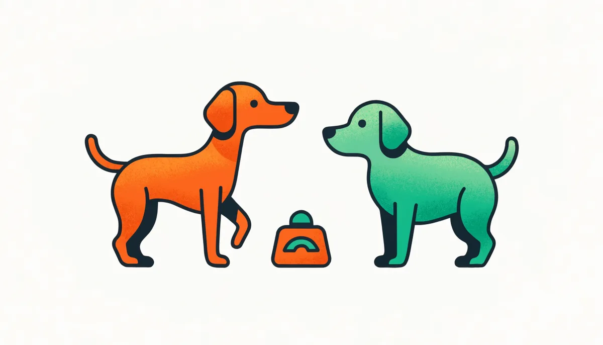 Cão em forma ao lado de cão acima do peso com motivo de balança, comparando o peso saudável do pet