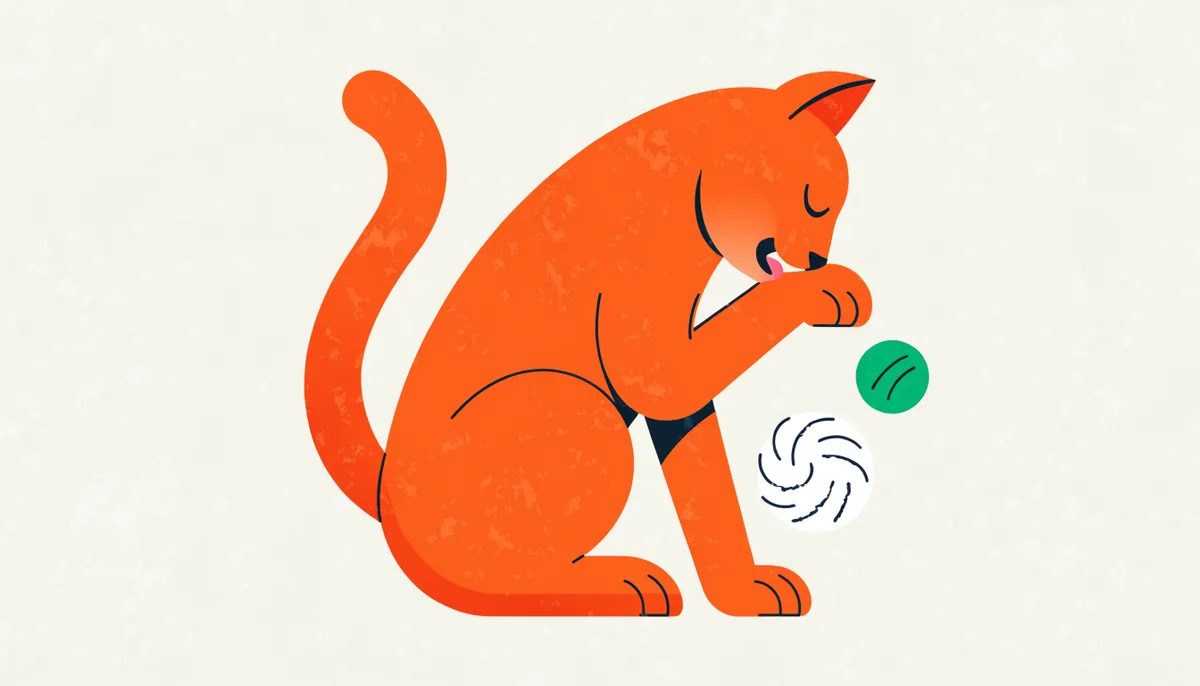 Gato se limpando com motivo de bola de pelo e um petisco ao lado, tema de prevenção de hairball