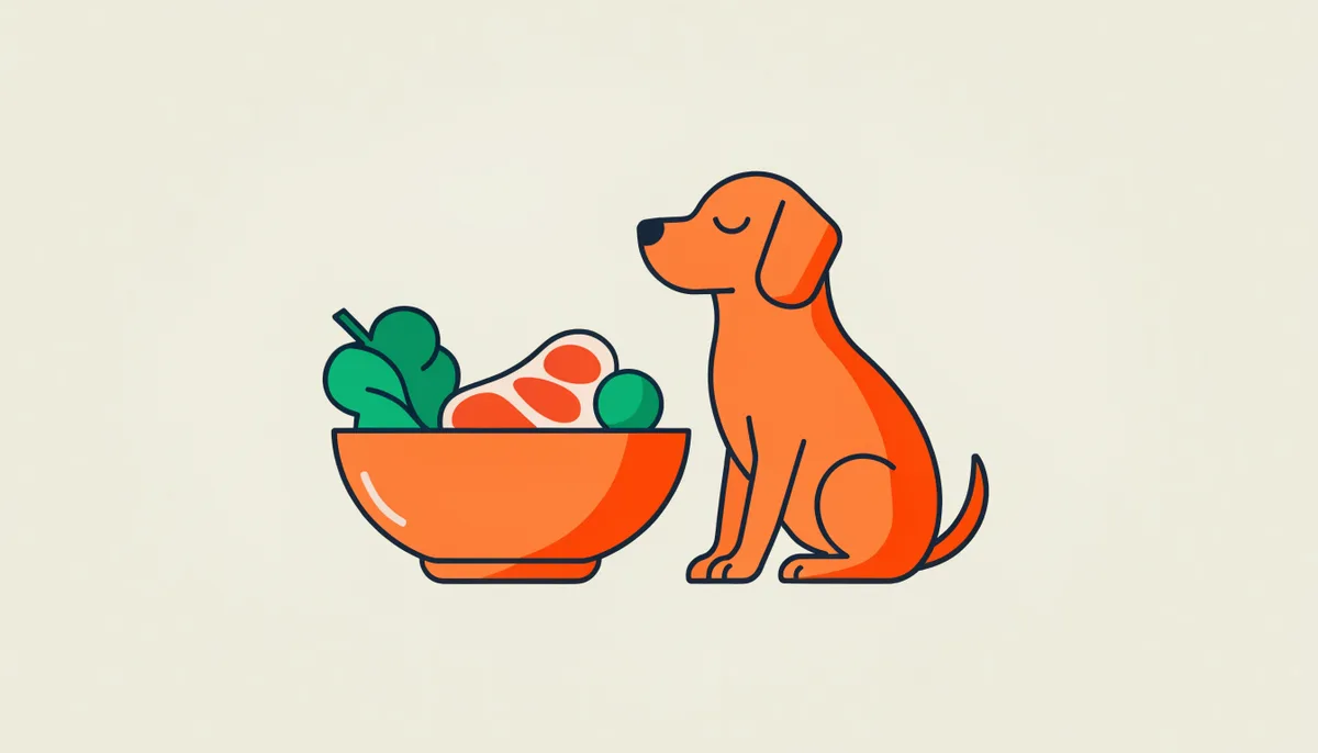 Tigela de alimento natural fresco com carne e legumes ao lado de um cão feliz, tema de dieta natural para pets