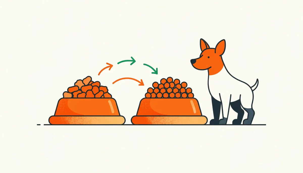 Duas tigelas de ração, uma com a antiga e outra com a nova se misturando com pequenas setas, tema de transição gradual de alimento