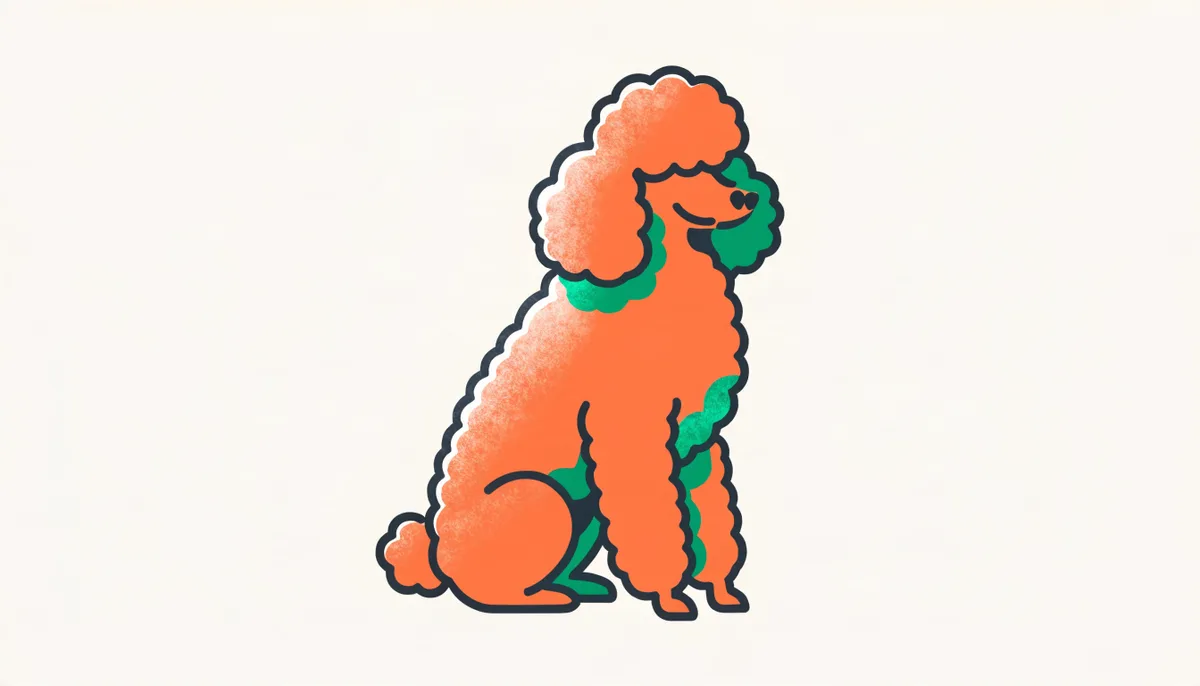 Poodle de pelagem cacheada e tosada, sentado, exemplar típico da raça