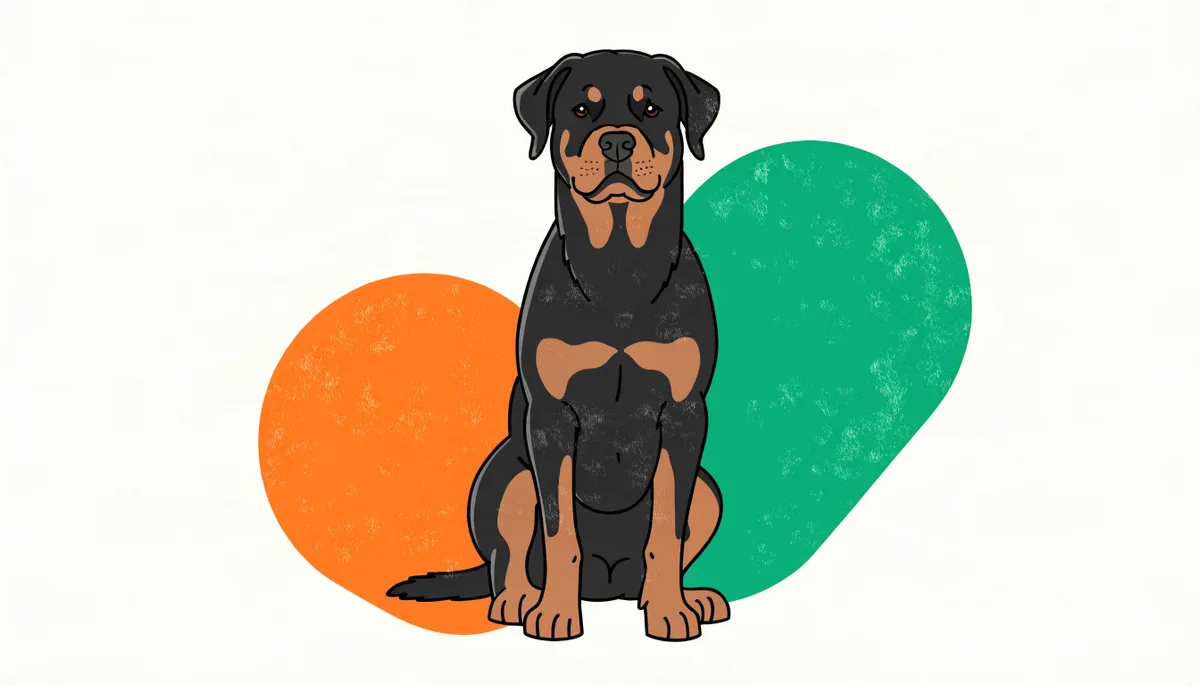 Cachorro da raça Rottweiler forte sentado com expressão calma e atenta