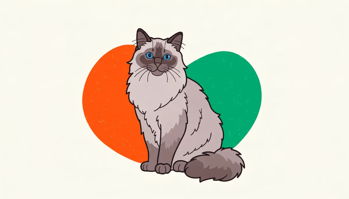 Gato Ragdoll grande de pelo semilongo claro com pontas escuras e olhos azuis, raça reconhecível