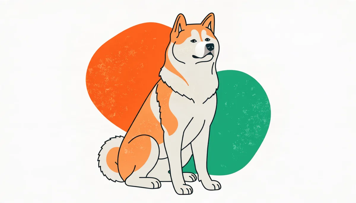 Cão da raça Akita Inu sentado, com pelagem dupla densa nas cores laranja-fulvo e branco e a cauda enrolada sobre o dorso