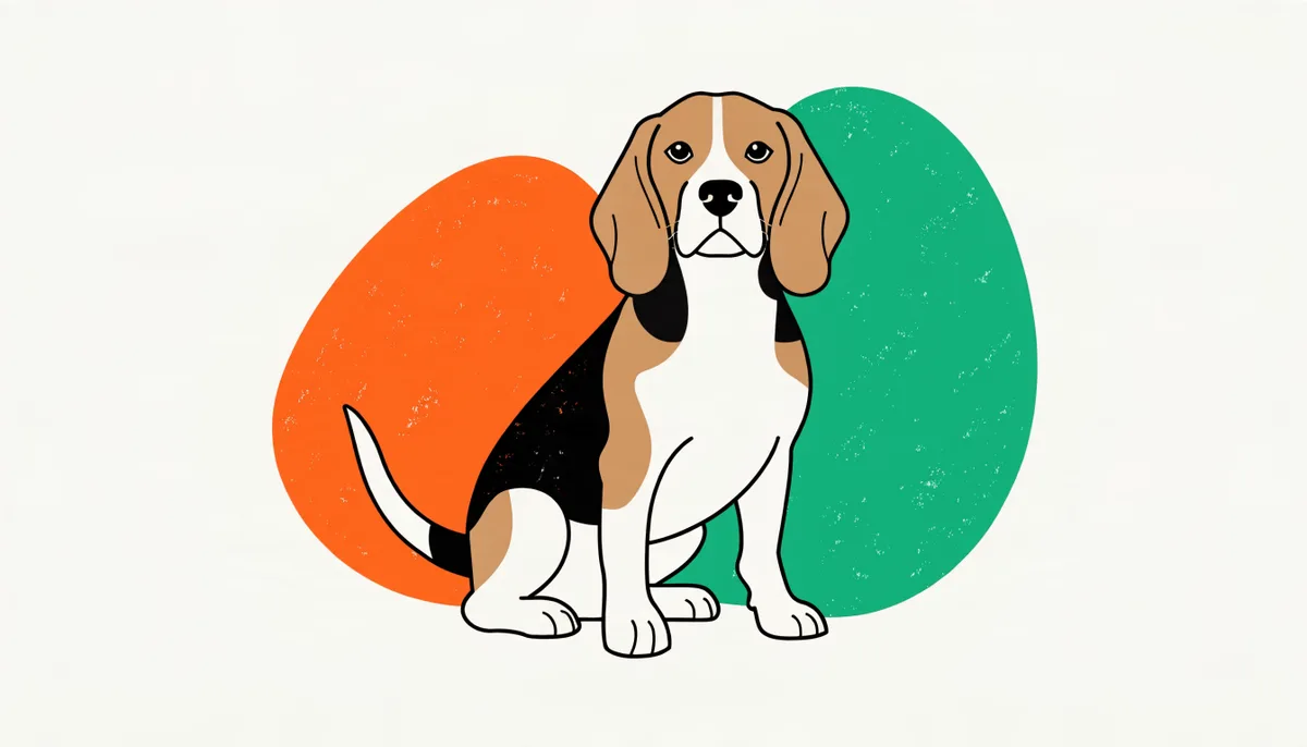 Cão da raça Beagle com pelagem tricolor branca, preta e caramelo e longas orelhas caídas