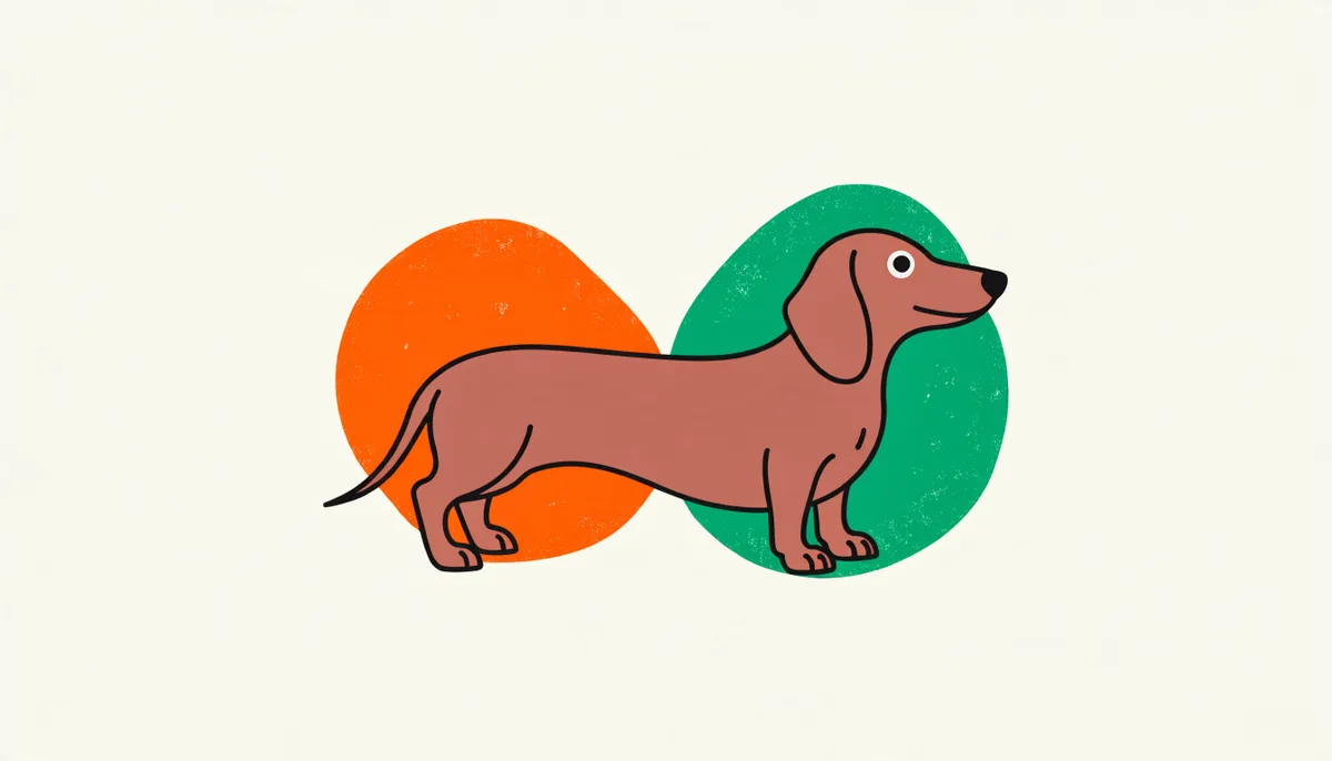 Cão da raça Dachshund (salsicha) de corpo alongado e baixo, pernas curtas e orelhas caídas, com pelagem castanho-avermelhada