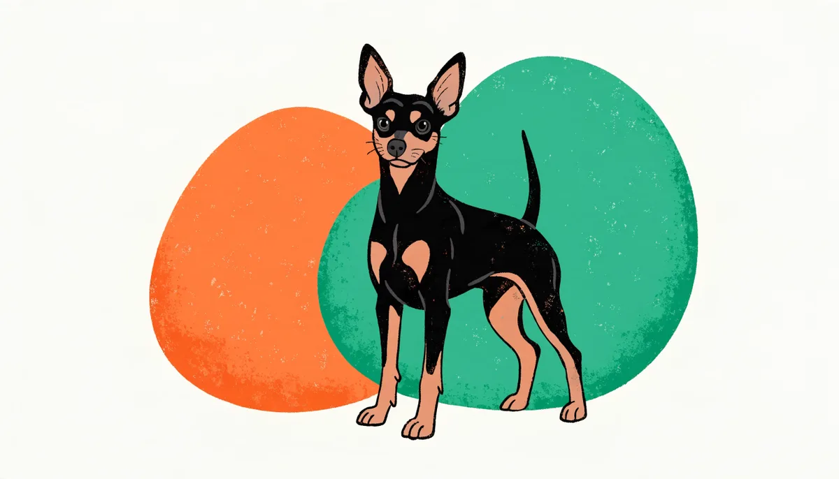 Cão da raça Pinscher Miniatura de pelagem preto e castanho, em postura alerta e ereta.