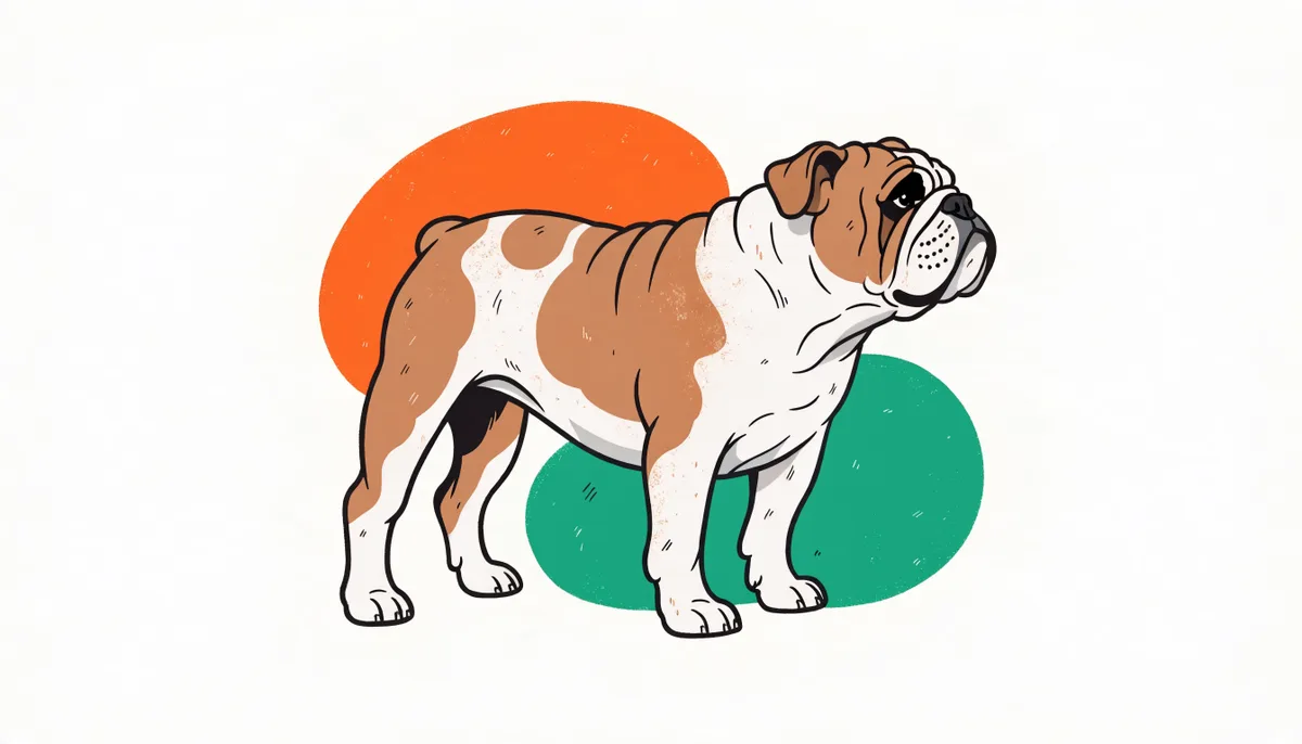 Cão da raça Bulldog Inglês de pelagem branca e fulva, com rosto enrugado e corpo robusto.
