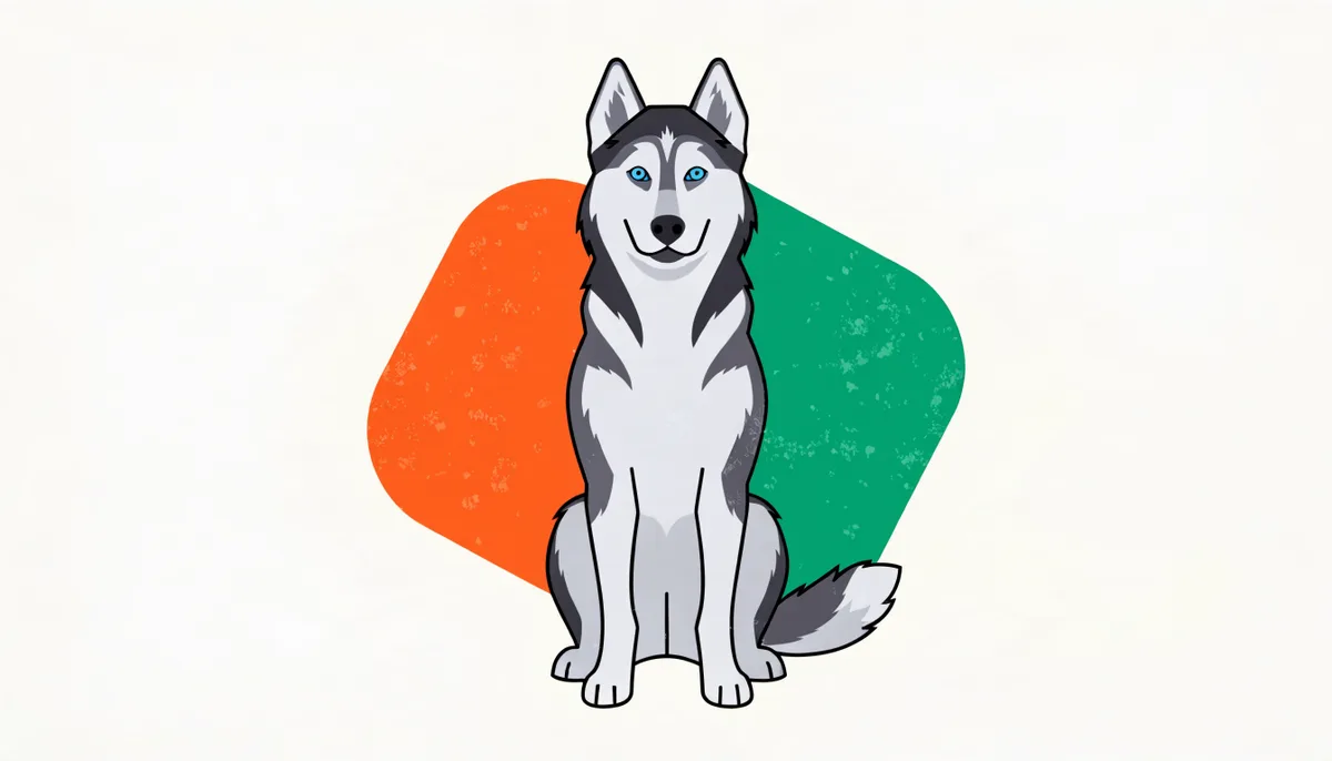 Cão da raça Husky Siberiano de pelagem cinza e branca com olhos azuis e orelhas eretas