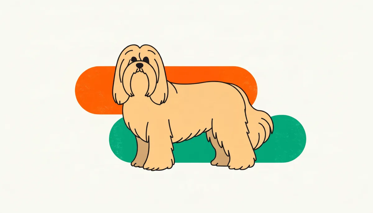 Cachorro da raça Lhasa Apso com pelagem longa dourada e clara e expressão altiva
