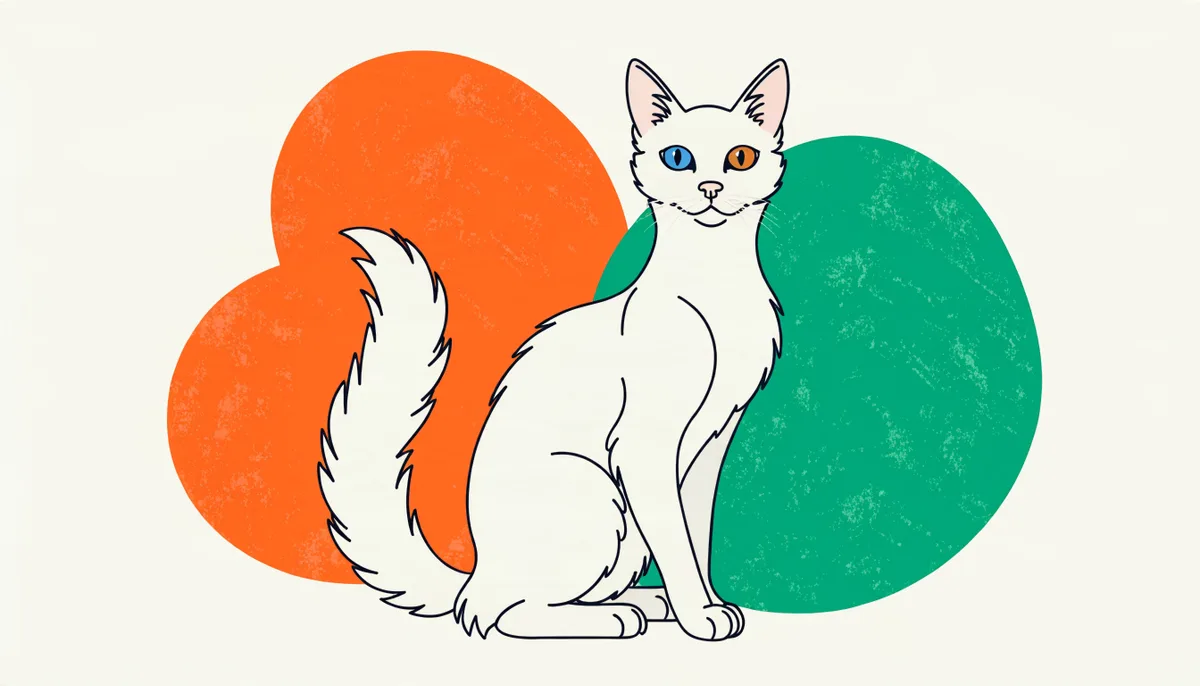 Gato Angorá Turco branco de pelo longo e sedoso com cauda emplumada e olhar elegante