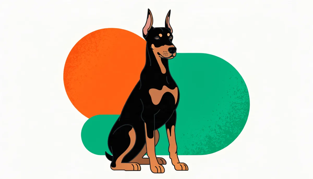 Cão da raça Doberman em posição de alerta, com pelagem curta e lustrosa nas cores preto e castanho