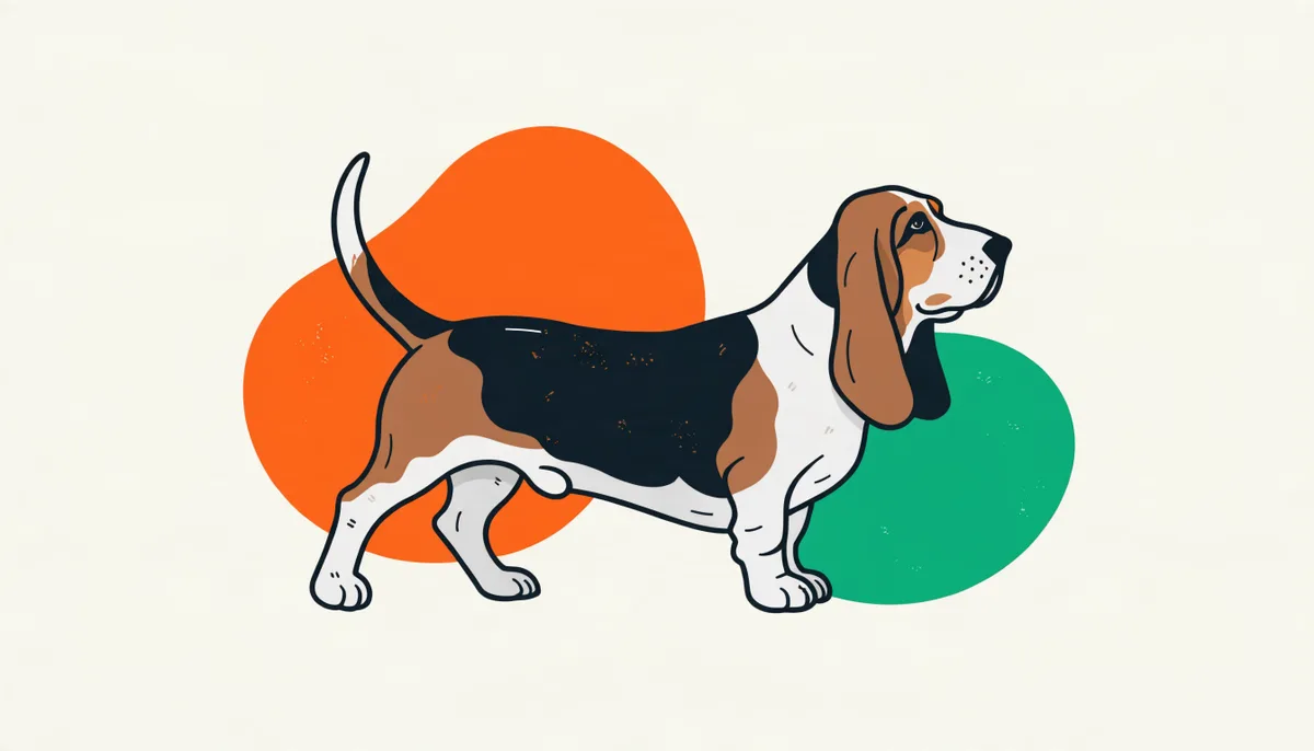 Cão da raça Basset Hound com orelhas muito longas, face caída, pernas curtas e pelagem tricolor