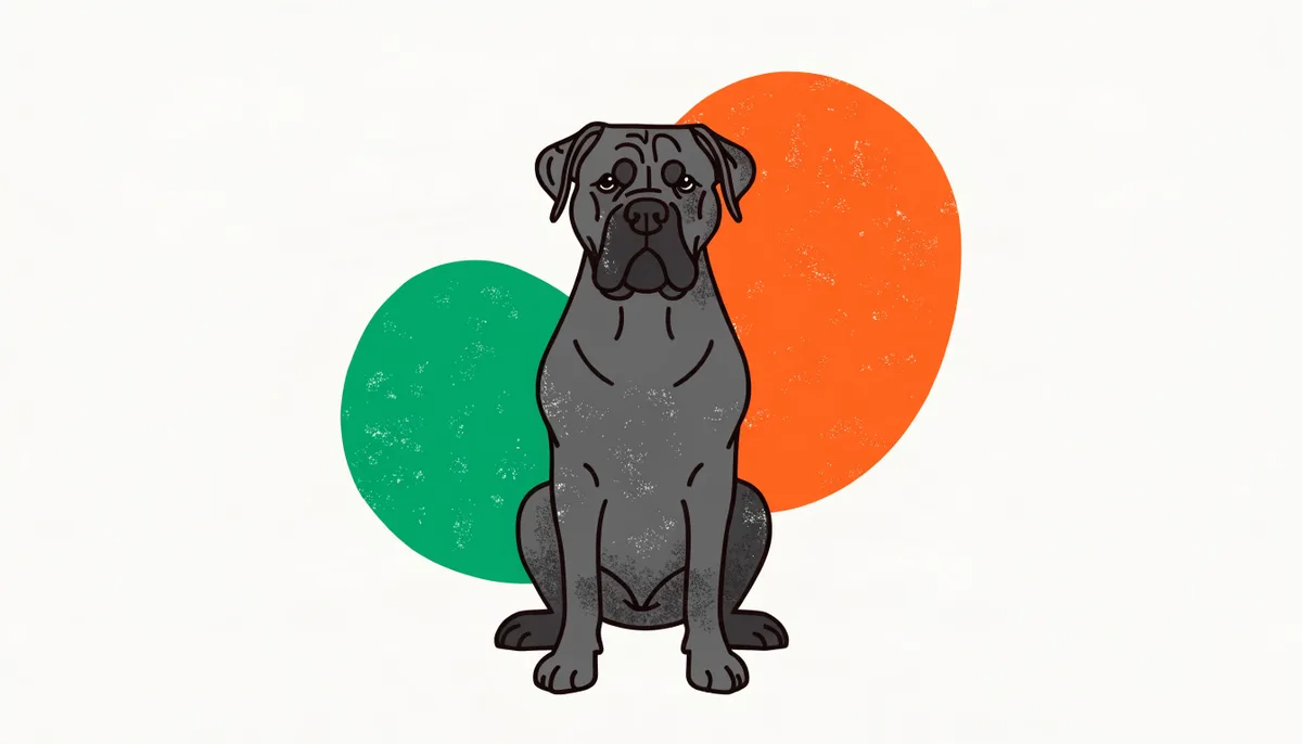Cão da raça Cane Corso, um mastim italiano grande e musculoso, com pelagem cinza e preta