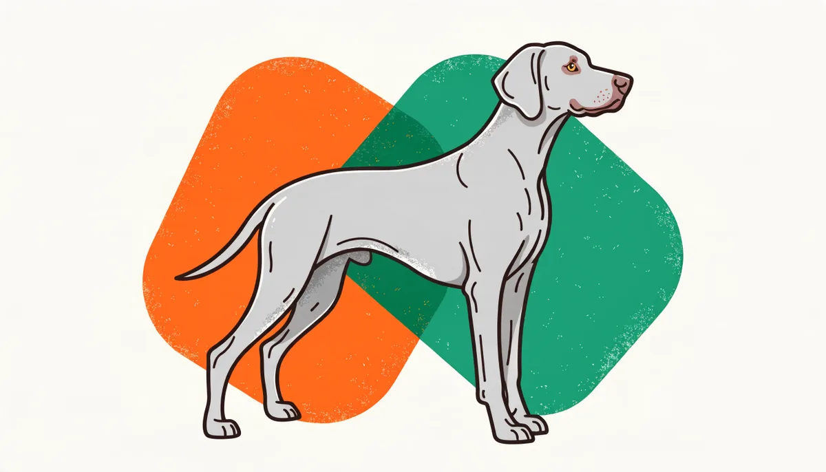Cão da raça Weimaraner com pelagem cinza-prateada e olhos claros, sentado e atento