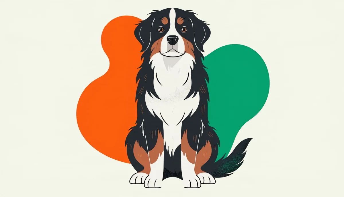 Cachorro da raça Boiadeiro Bernês com pelagem longa tricolor preta, branca e ferrugem, sentado e atento