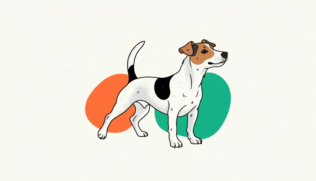 Cachorro da raça Jack Russell Terrier, pequeno e atlético, com pelo branco e manchas castanhas e pretas