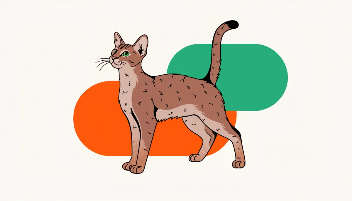 Gato da raça Abissínio com pelagem curta ticada em tom marrom-avermelhado, orelhas grandes e corpo atlético e elegante