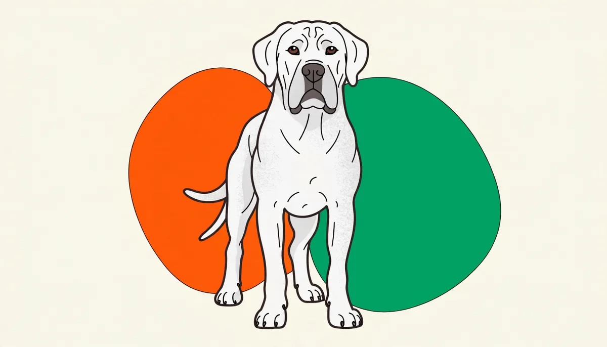 Dogo Argentino adulto de pelagem totalmente branca e corpo musculoso, em postura atenta.
