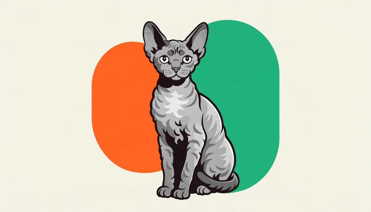 Gato Devon Rex de orelhas grandes, olhos expressivos e pelagem curta e ondulada