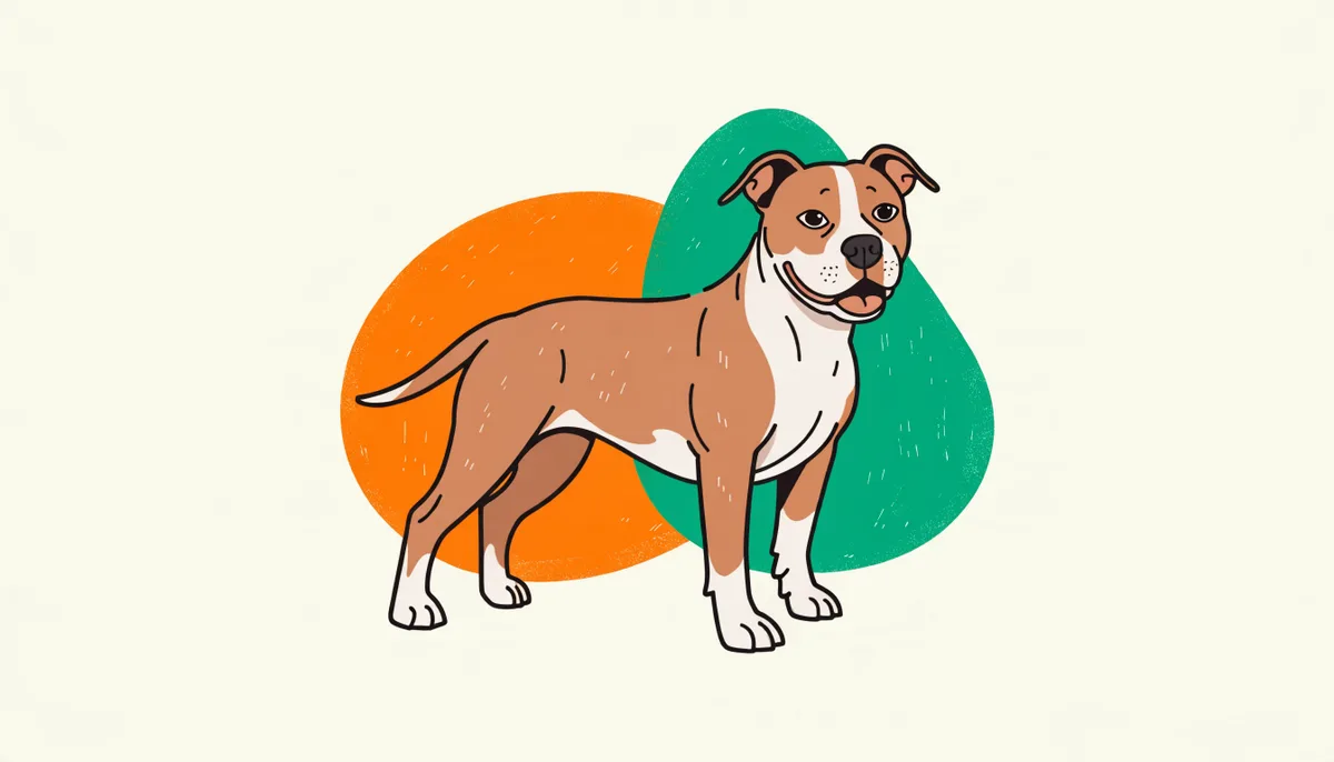 American Pit Bull Terrier musculoso de pelagem clara com fita branca, sorrindo com a língua para fora ao ar livre