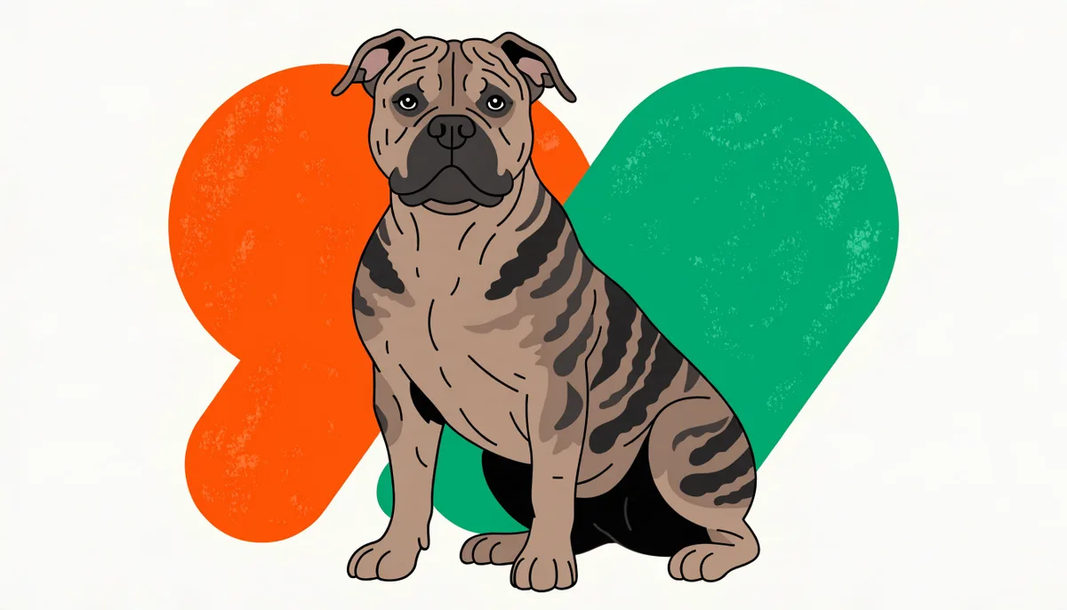 American Bully de corpo muito musculoso e compacto com cabeça blocada e pelagem tigrada (brindle) ao ar livre