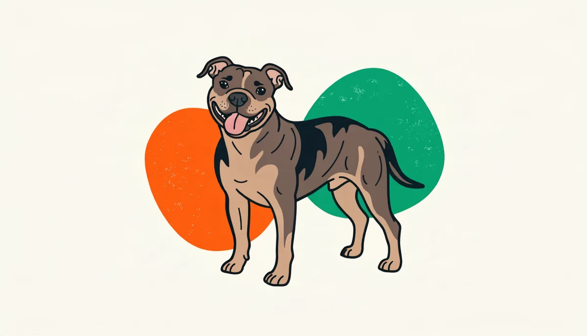 Staffordshire Bull Terrier musculoso de porte médio-pequeno com pelagem tigrada (brindle) e expressão sorridente ao ar livre