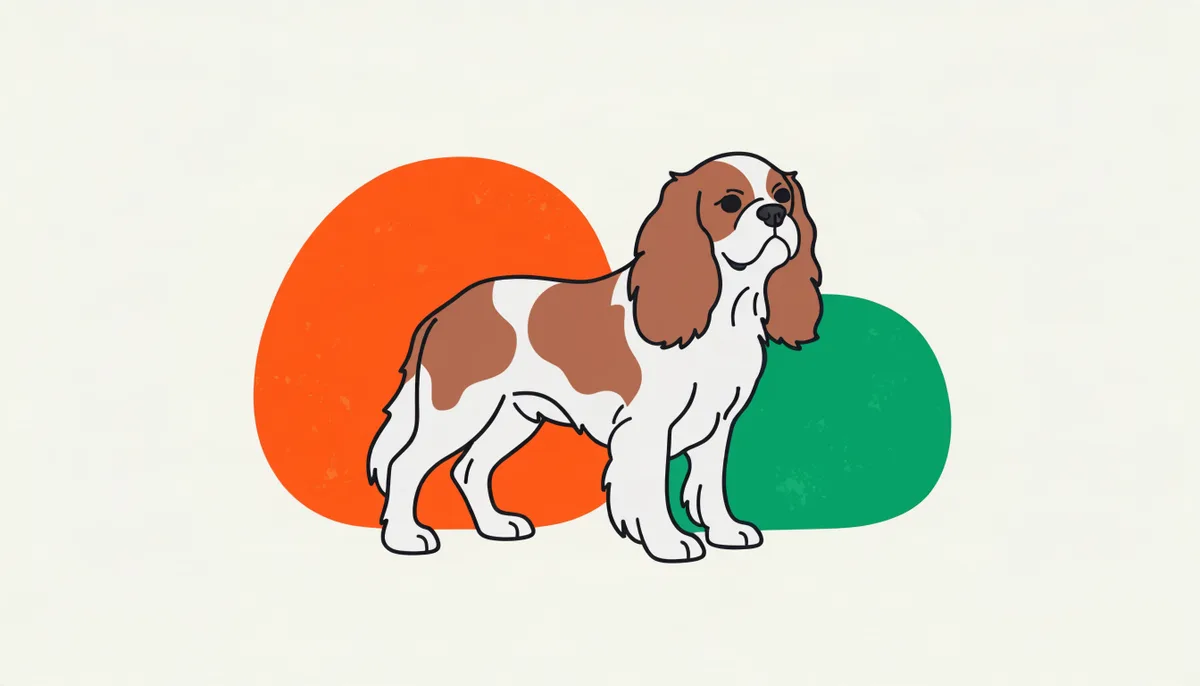 Cavalier King Charles Spaniel pequeno com orelhas longas e sedosas e pelagem Blenheim castanho e branco