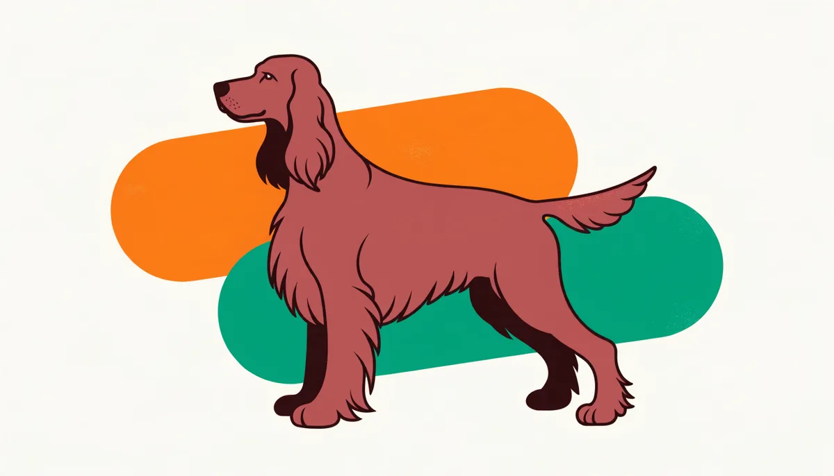 Cão da raça Setter Irlandês de pelagem longa vermelho-mogno em pé no gramado, atento e elegante