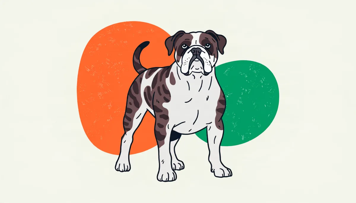 Cão da raça Buldogue Campeiro musculoso de pelagem branca e tigrada, em pé, com expressão atenta