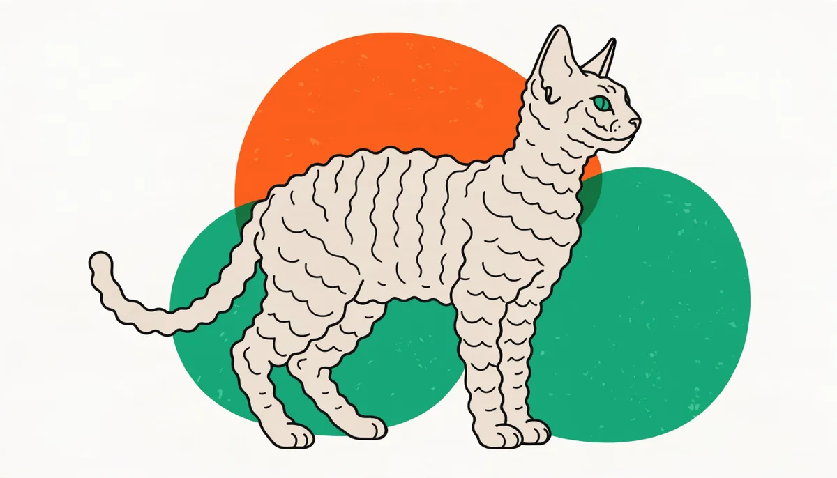 Gato Cornish Rex com pelagem curta e ondulada, orelhas grandes e corpo esguio arqueado